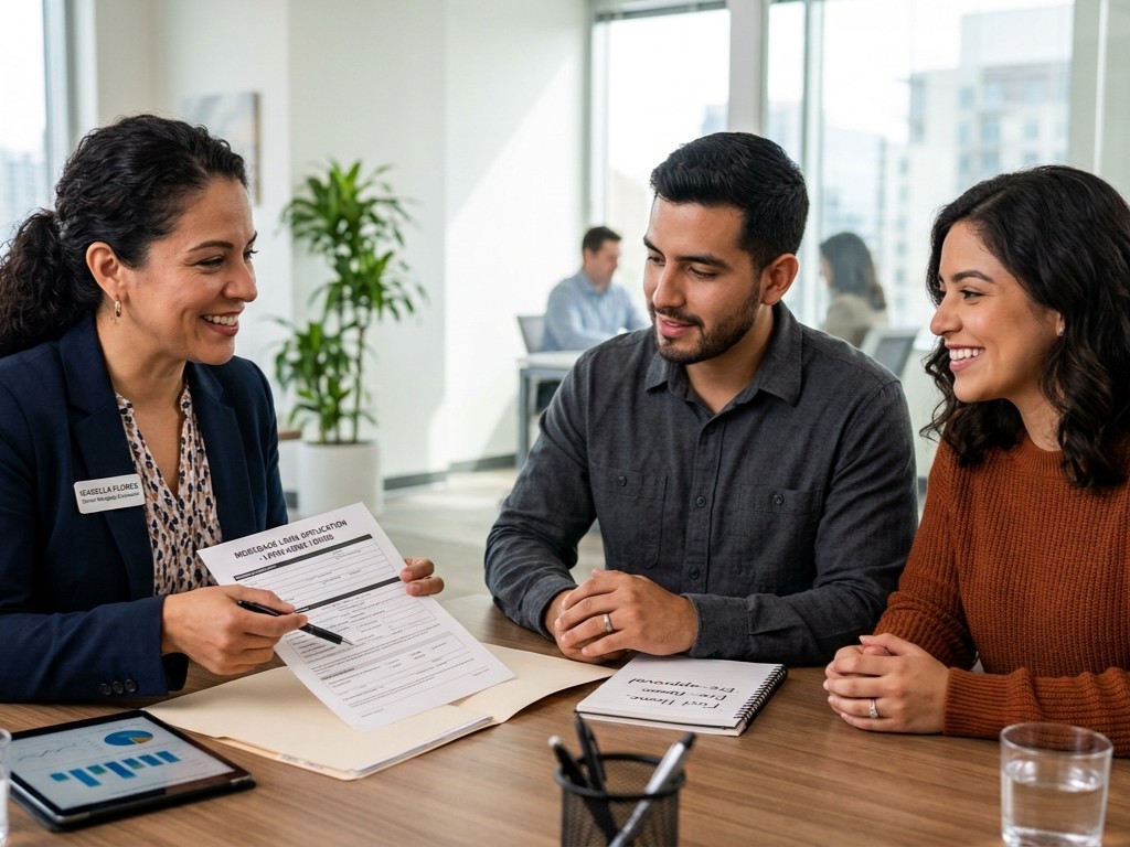 Mortgage broker reviewing a loan application with a couple at an office table