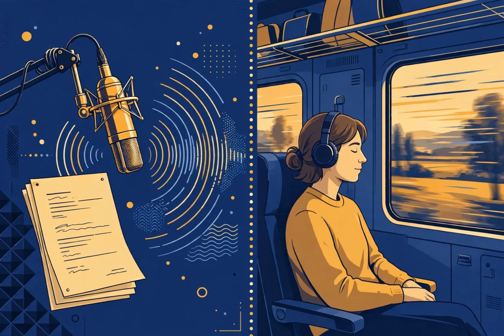 Illustration of a studio microphone for voiceovers versus a listener with headphones