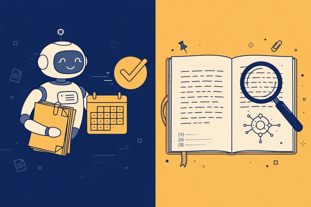 Illustration of an AI agent completing tasks versus a cited research notebook