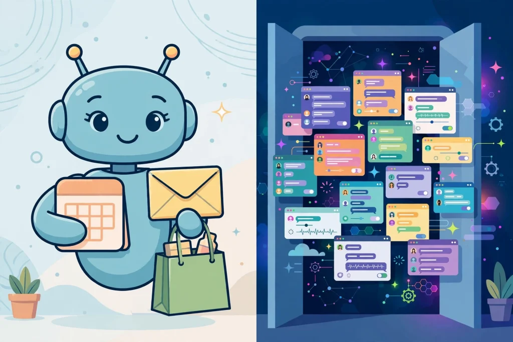 Illustration of a personal AI agent next to a hub of AI chat windows
