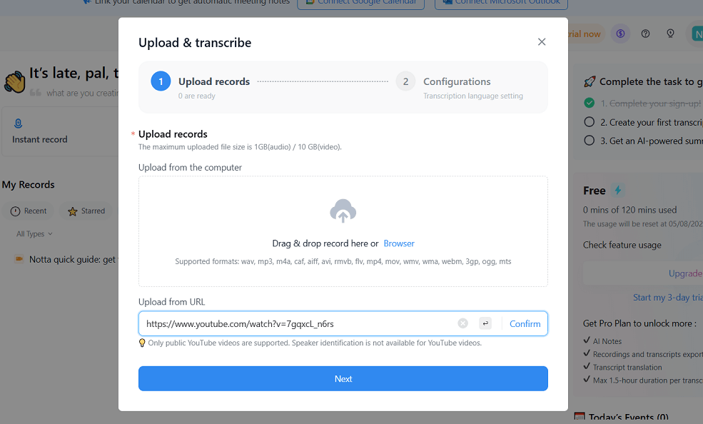 Notta upload and transcribe screen on the free plan