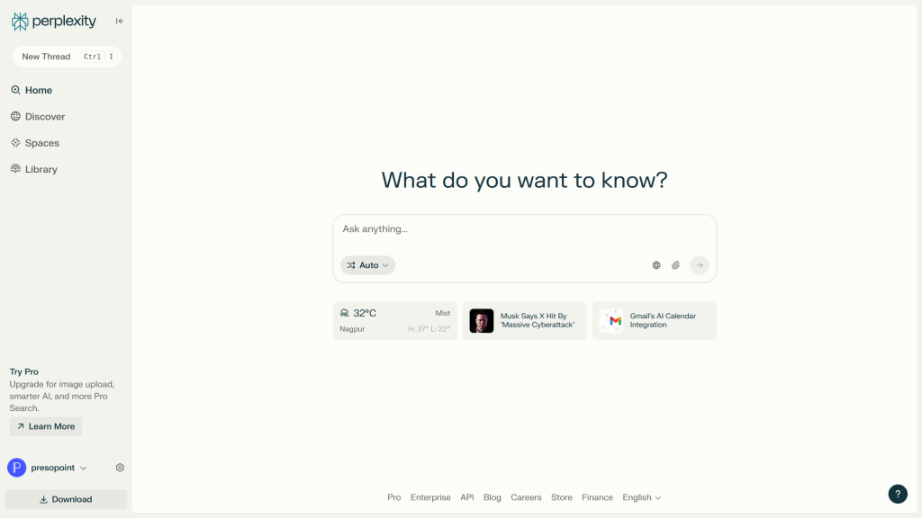 Perplexity AI homepage with search box asking what do you want to know