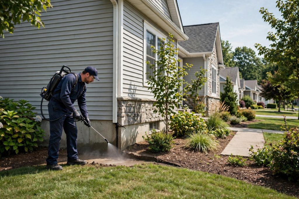 Pest control technician spraying the foundation of a suburban home