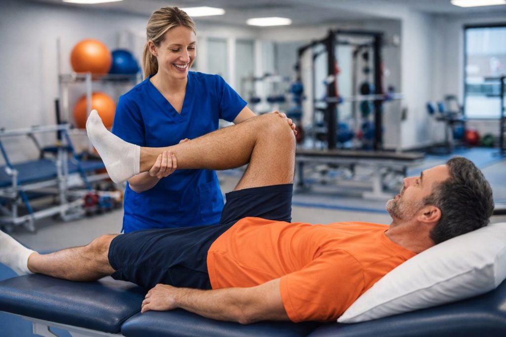 Physical therapist guiding a patient's leg stretch on a treatment table in a clinic