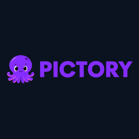 Pictory logo - purple octopus mascot and PICTORY wordmark on dark background