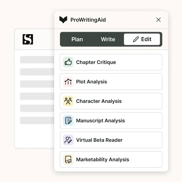 ProWritingAid editing interface showing Plan, Write, and Edit tabs