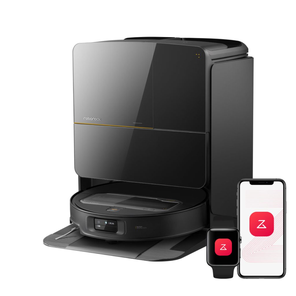 Roborock Saros Z70 robot vacuum in its multifunction dock with phone and watch app
