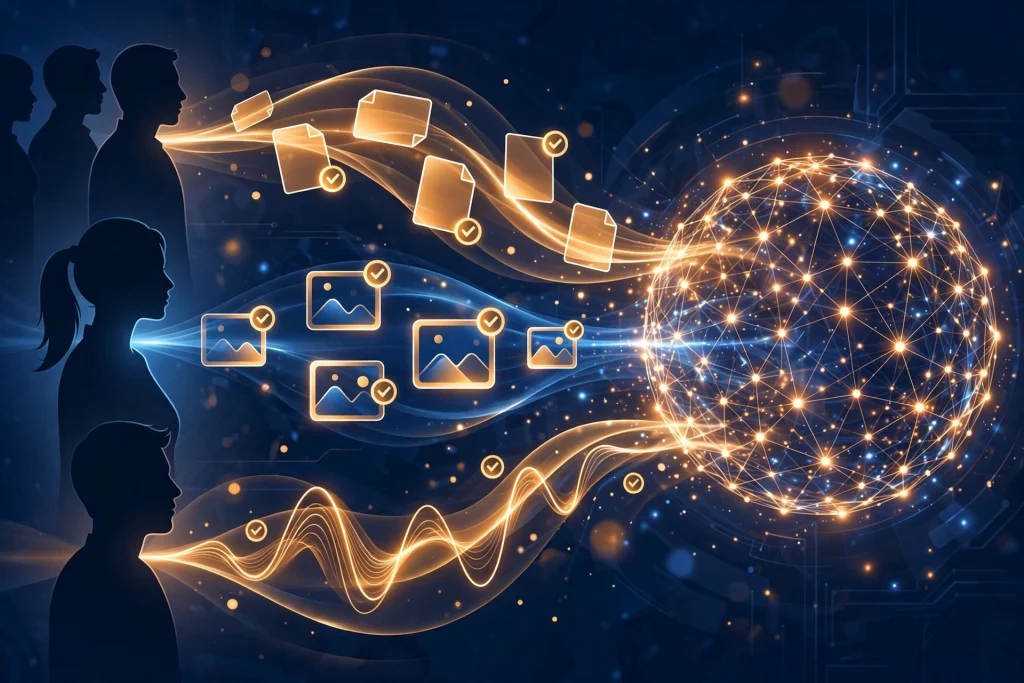 Illustration of verified human data flowing into an AI neural network, representing SignSplit's signed-data platform