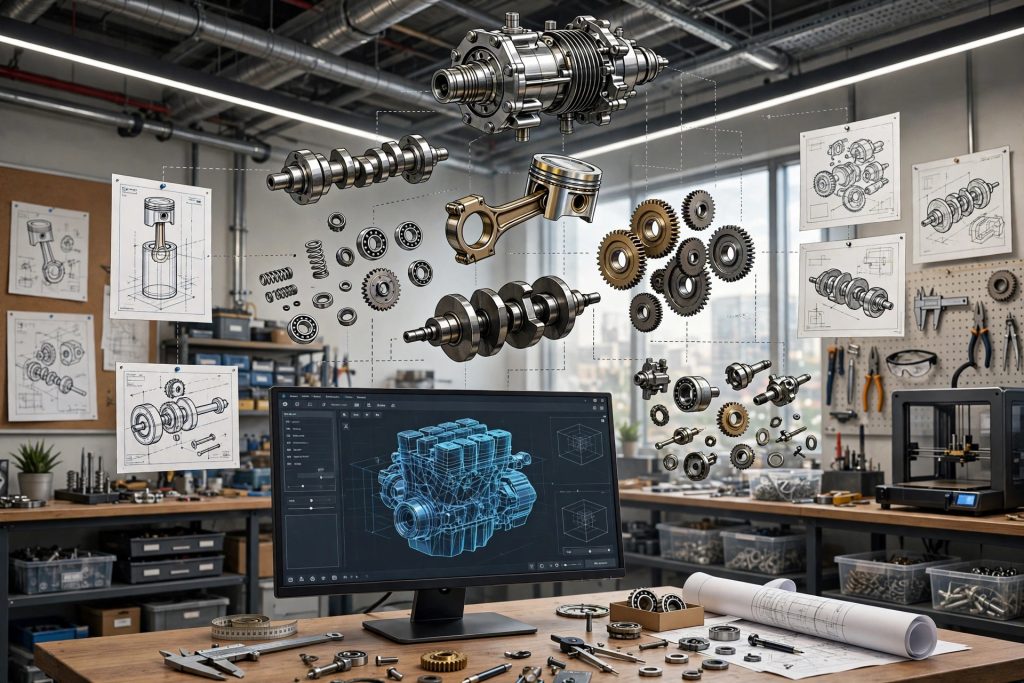 Illustrative engineering design scene with exploded engine parts, CAD model and blueprints