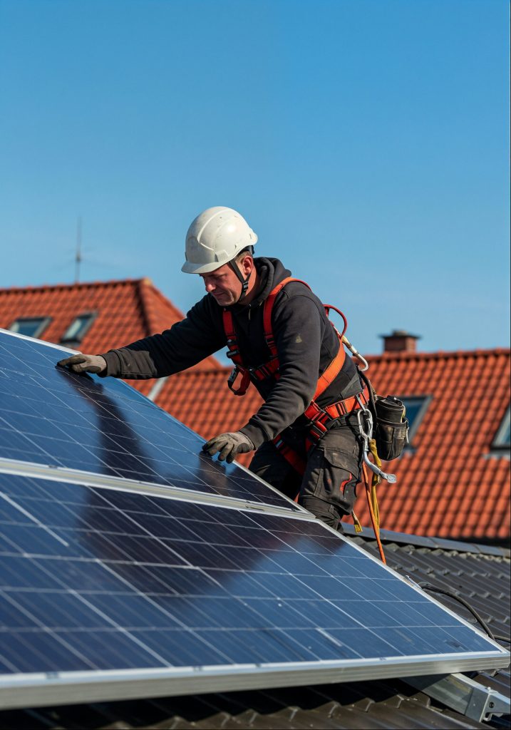 Solar installer in a hard hat fitting solar panels on a residential roof