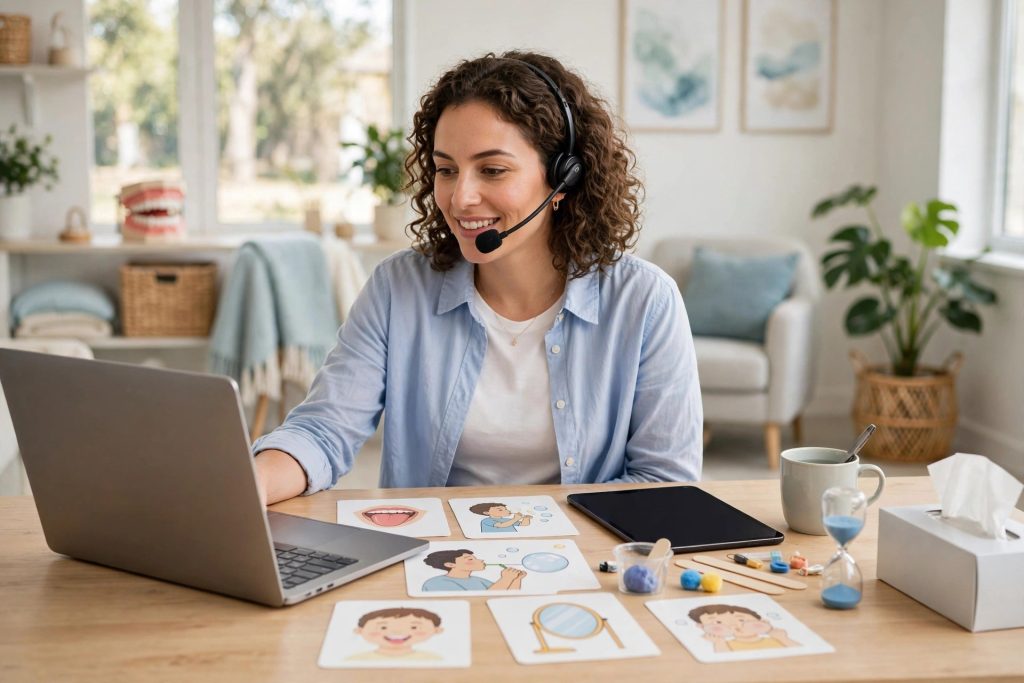 Speech therapist running a teletherapy session on a laptop