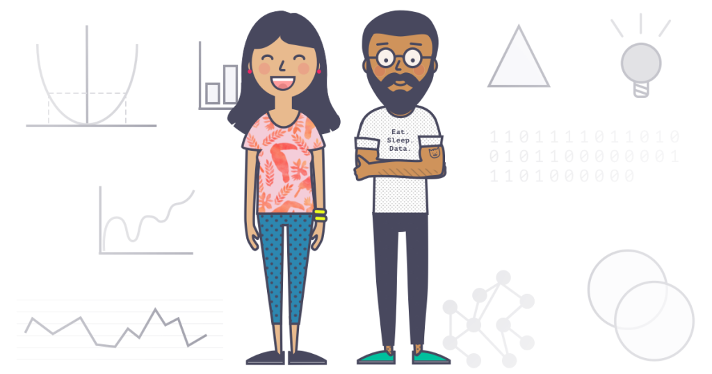 Illustration of data science students with charts, from Springboard