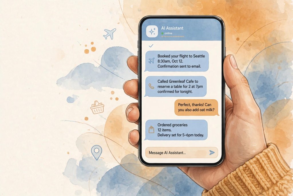 Illustration of a person texting an AI assistant that handles errands inside a messaging app