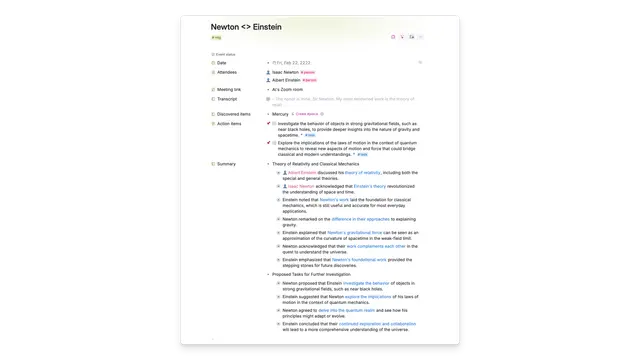 Tana meeting agent interface showing a transcribed and summarised meeting