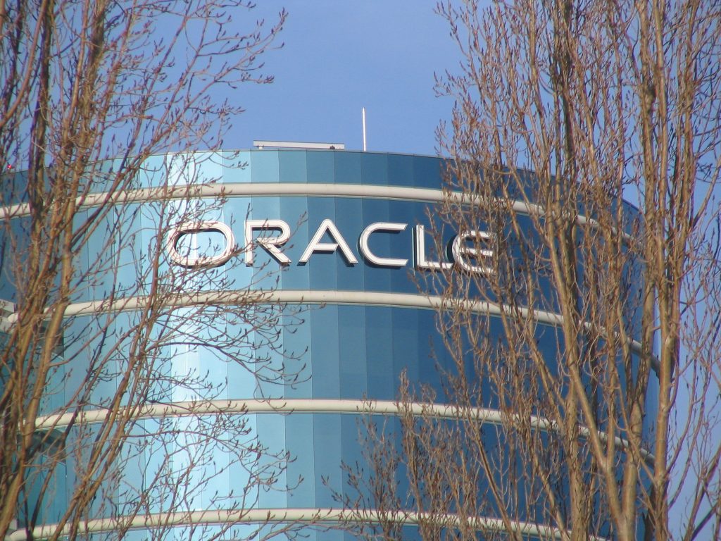Oracle headquarters with the Oracle logo signage