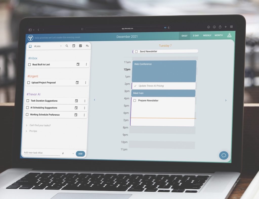 Trevor AI planner on a laptop showing AI-scheduled tasks time-blocked into a calendar