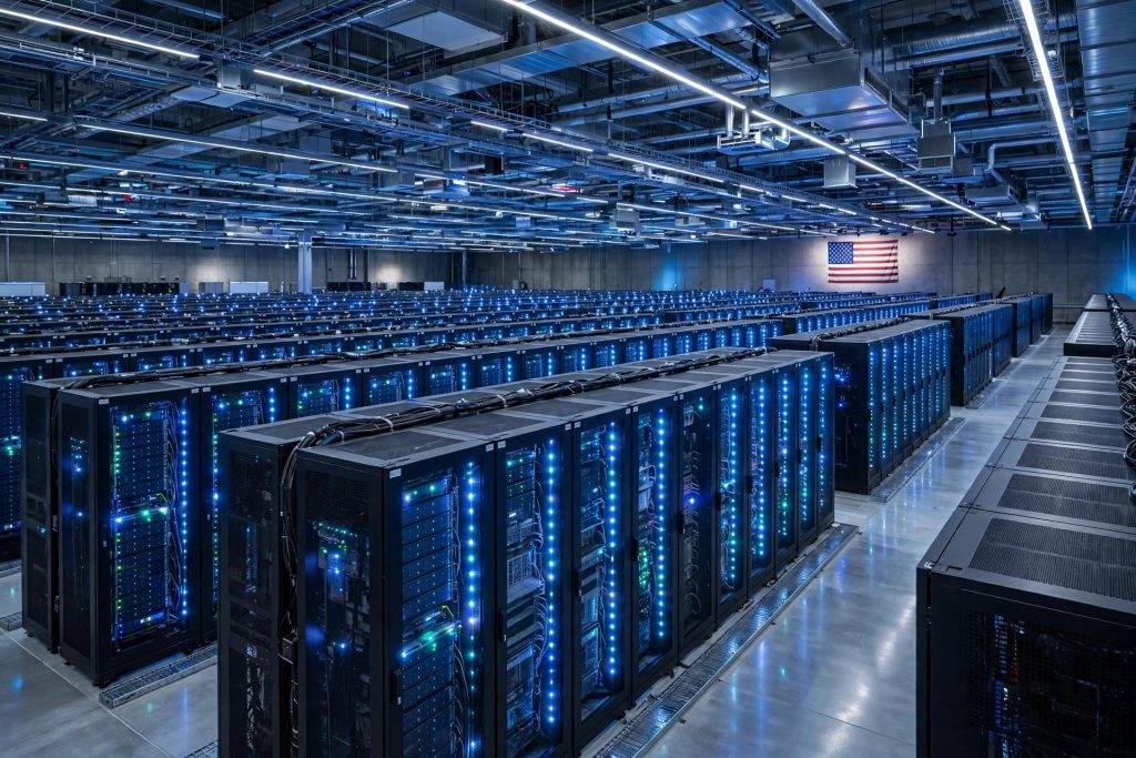 Illustration of a U.S. federal research laboratory with rows of supercomputer racks and an American flag