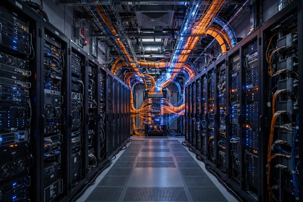 Illustration of a data center corridor with glowing orange and blue fiber-optic cables connecting server racks