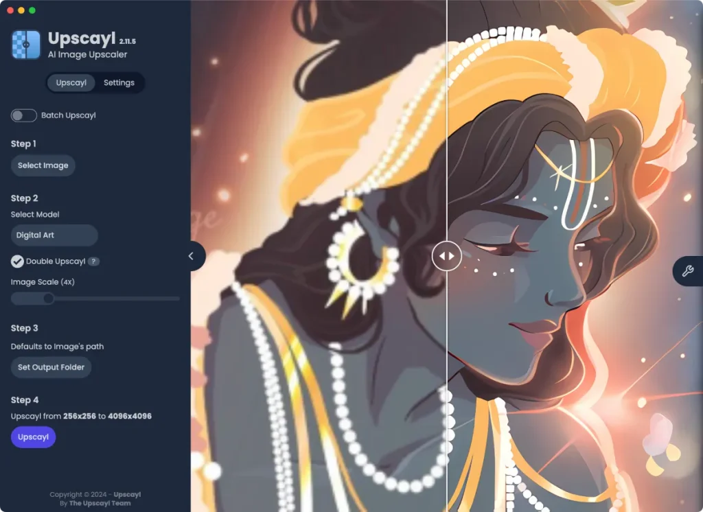 Upscayl desktop app upscaling an illustration from 256px to 4096px