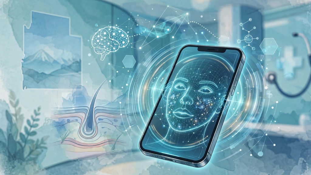 Illustration of AI-powered dermatology facial skin scan on a smartphone