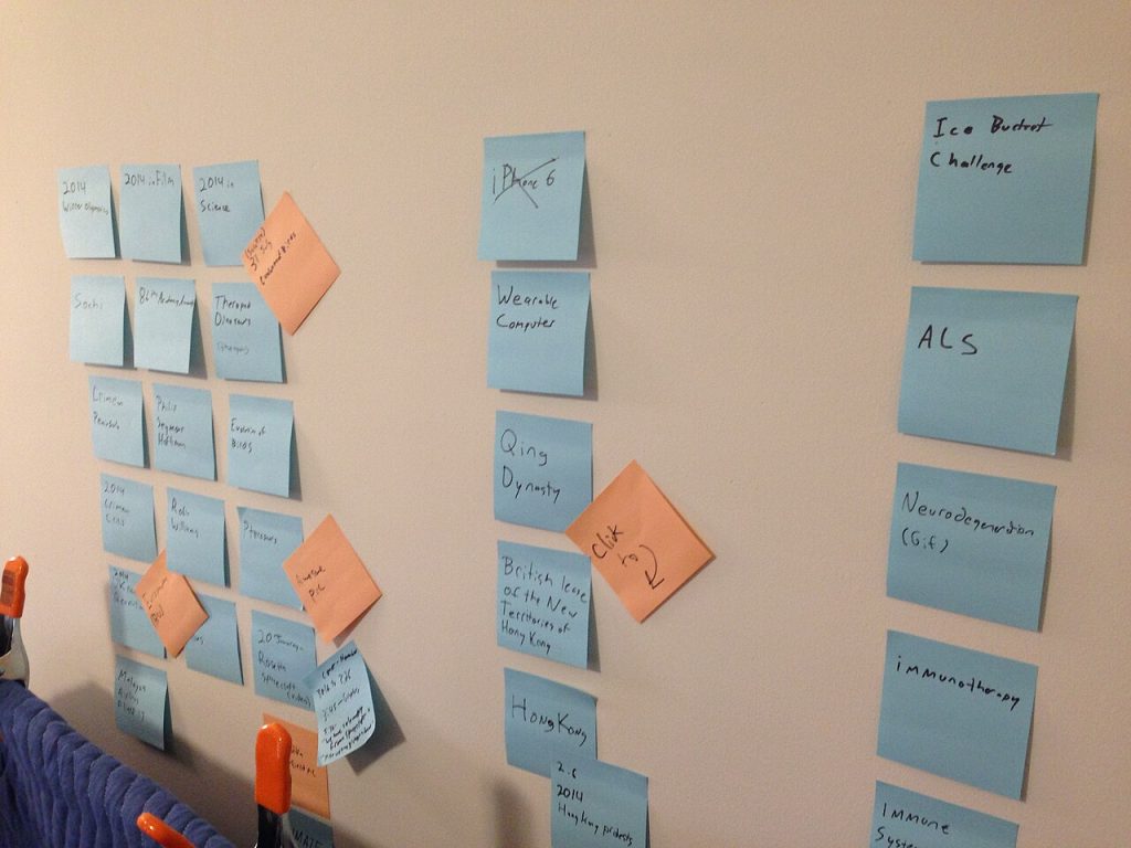 Sticky notes on a wall during a UX design brainstorming workshop