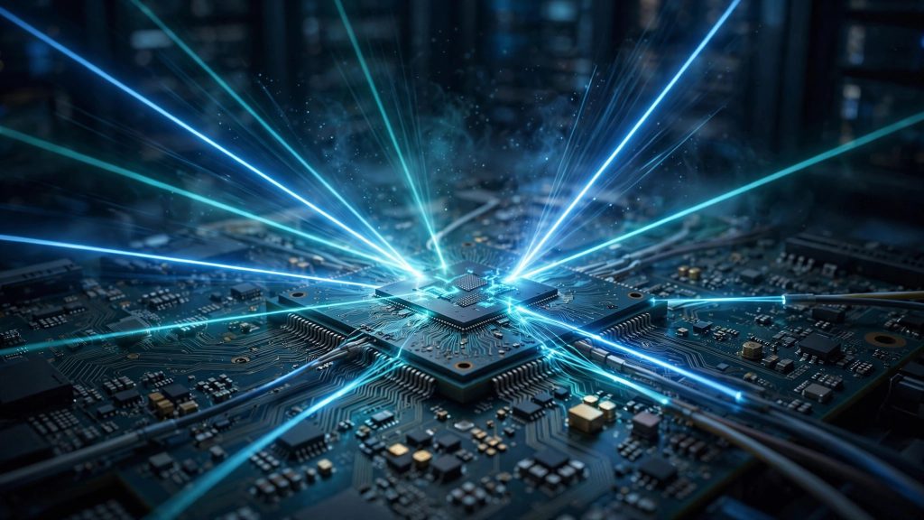 Illustration of blue laser light beams striking a computer chip on a circuit board