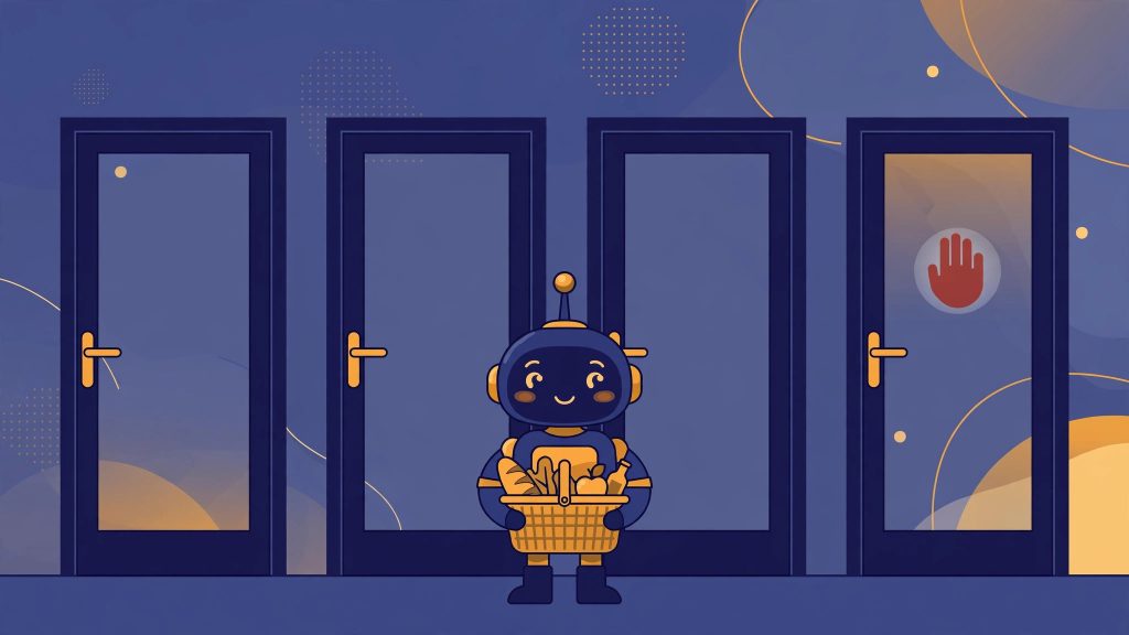 Illustration of an AI robot assistant stopped at closed website doors