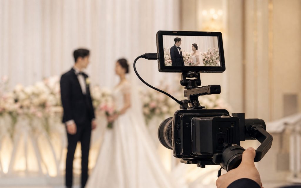 Wedding videographer filming a bride and groom with a camera on a gimbal