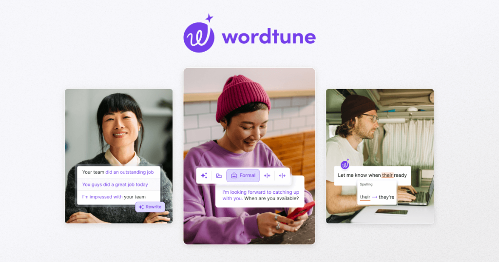 Official Wordtune brand graphic: purple w icon with Wordtune wordmark